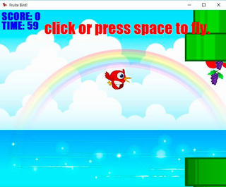 フルートバード /  Fruite Birdのゲーム画面「ゲームが開始されたら、クリックかスペースキーを押して飛んでください。」