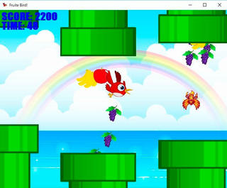 フルートバード /  Fruite Birdのゲーム画面「ゲーム中の画面で、敵が出ています。ぶつかると減点です。」