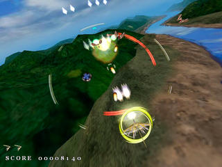 オオツルギ2のゲーム画面「前作同様、回転移動による全方位シューティング」