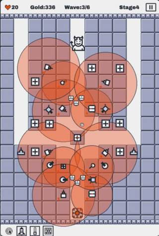 TowerDefenceV2のゲーム画面「Tower攻撃範囲表示」