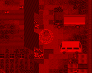 赤い村のゲーム画面「赤い光に襲われたら急いで安全地帯へ！」