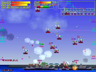 The Wing Bluffのゲーム画面「編隊爆撃で一気に敵戦艦を沈めろ！」