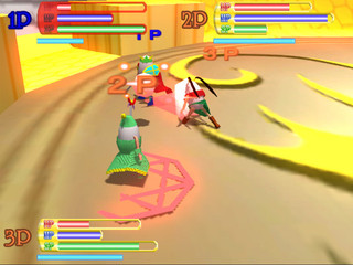 ドキドキ玉子王国　OnLine Battleのゲーム画面「※旧バージョン1.1系の画像　オフライン対戦　：　ステージ３、　プレイヤー３人、　全方位攻撃モード、※２P＆３Pはチーム」
