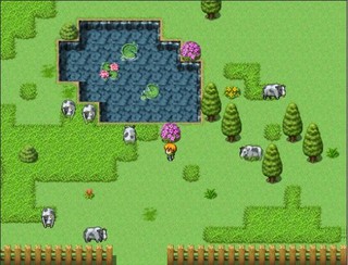 パフェ☆ツクールのゲーム画面「牛さんがいっぱいだ！牧場かな？？」