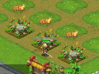 英雄島のゲーム画面「経験値の樹やお金の成木などを植えて農園ライフ」
