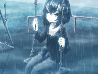 ユーマを抱きしめてのゲーム画面「豪雨の公園にて――」