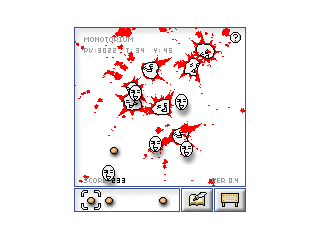 monotoriumのゲーム画面「モノさんを潰すと勢いよく血しぶきをあげる」
