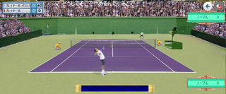 無料テニスゲーム 本格派 エースの王子様のゲーム画面「実際のプレイ画面、チャージショットやコースの先読み、フェイク、スプリットステップが操作可能」