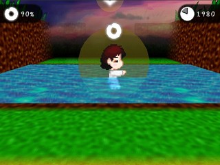 IAN1.0のゲーム画面「水中では、バリア攻撃で浮き上がります。」