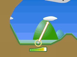 ぽてゴルフのゲーム画面「ボールを打つ方向と強さを調整」