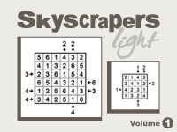 ビルディングパズル Light Vol.1のゲーム画面「枠外の数字は、→の方向から見えるビルの数です。」