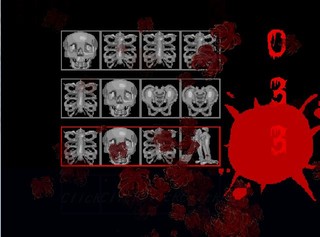 ワタシノホネナラベのゲーム画面「心臓クリックで骨の場所が的中した数字が表示」