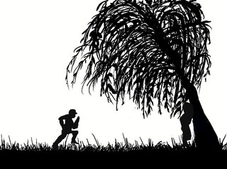 ワタシノホネナラベのゲーム画面「伝説の柳の木の下で結ばれたカップルは永遠に幸せになれる」
