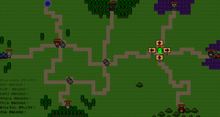 Tactics villageのゲーム画面「キャラクターが村に入ると、次進む方向を指示できる。」