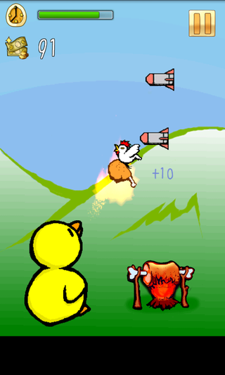 ぴーちゃんのバーニング！のゲーム画面「ぴーちゃんをタッチすると火を吹く！鳥に当てて焼き鳥にしろ！」
