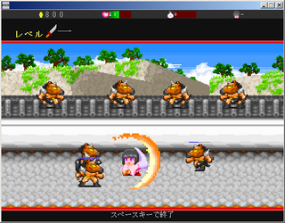 桃姫のゲーム画面「桃姫は犬、猿、雉の３つの術を使えます。うまく使い分けて戦いを有利に進めよう。」