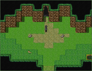 奇面の洞窟のゲーム画面「洞窟付近は自然が豊かで動物も多い。」