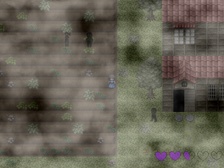 ～呪目～jumoku 怨のゲーム画面「廃村の探索（右下のハートは体力）」