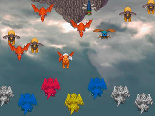 『奈落(ｱﾋﾞｽ)への挑戦状』2004（通常版）のゲーム画面「ドラゴン、ワイヴァーン、キマイラ、グリフォン達の空中決戦。」