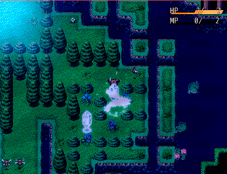 月夜の森のウサギサルのゲーム画面「魔法石の柱をうまく使いましょう！」