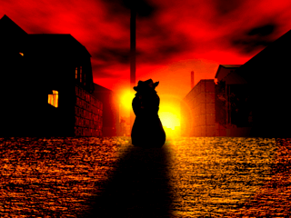 落日町の夕陽の中でのゲーム画面「恐るべき誘拐魔「赤マント」の正体とは…？」