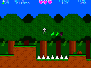 モロコシくんの冒険～おおきなイモといたずらドラゴン～のゲーム画面「スケボーで滑走することも」