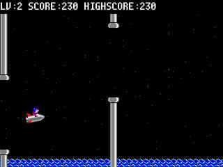 RocketTrip ver.0.2のゲーム画面「スペースキーでロケットを操作。簡単そうで意外と難しい。」