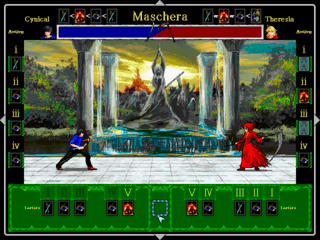 Maschera　-the Incidents-のゲーム画面「【殺陣バトル】というカード形式の特殊な戦闘が一部あります」