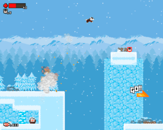 ツンドランのゲーム画面「火薬樽を撃って爆風で大ジャンプ!」