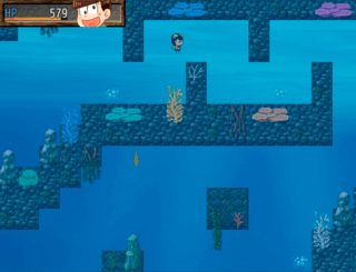 『おそ松の魔王討伐伝』のゲーム画面「海の中をすーいすい～♪」