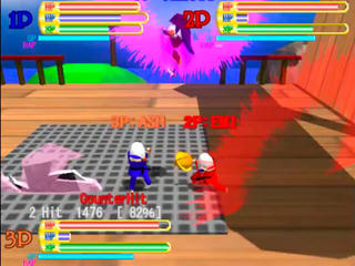 ドキドキ玉子王国　OnLine Battleのゲーム画面「オンライン対戦3人用時：新キャラクターカラー、左右攻撃限定モードは2D移動＋吹き飛びへ変更 ( 2D格闘風)」