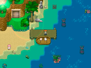 トコナツ島の奇跡のゲーム画面「海辺では、釣りをしたり泳いだり。」