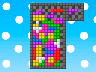 Beginning.exeのゲーム画面「ミニゲーム「テトリス」。ブロックの色や模様はオリキャラを連想しています。」