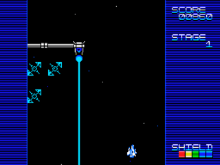 BLAST STAR RETROのゲーム画面「ボタンを押すと自機が右に、離すと左に移動」