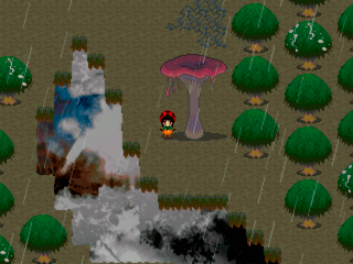 LeCoRo2のゲーム画面「雷が鳴ったら雨が降る合図なので、キノコの下で雨宿り。」