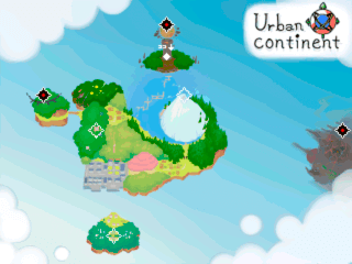 LeCoRo2のゲーム画面「舞台になる大陸のマップ。氷山、宮殿、湖、塔、夢世界などなど。」