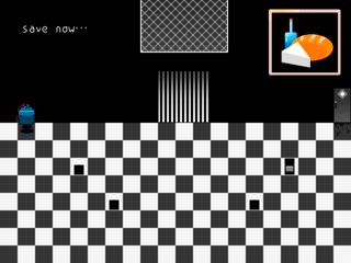 Quadrangleのゲーム画面「セーブは黑いの、アイテムは自動で使用されます。」