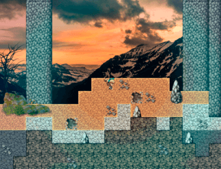 ファイアフライのゲーム画面「ダンジョンの一部です。ある目的地へに向けて広大な山脈を駆け抜けるシーンです。」