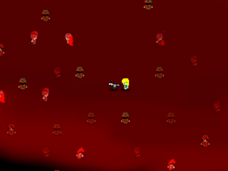 ここにあるいまのゲーム画面「死体の山、血の池を探索」