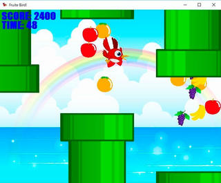 フルーツバードのゲーム画面「ゲーム中の画面で、土管からフルーツが出ています。取ると得点します。」