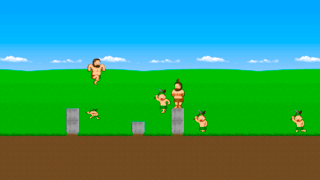 Cavemen's Big Jumpのゲーム画面「蛮族を踏み付け、仲間を救え！」
