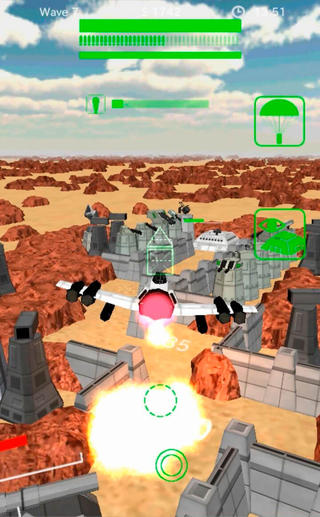 スペースフォートレスのゲーム画面「自分が作った要塞上空を飛行することも可能」