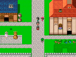 ハロ国物語２のゲーム画面「町や村を見つけたら立ち寄ろう。」