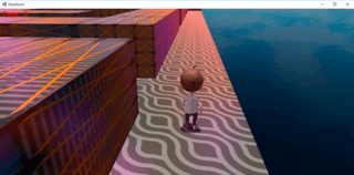 立体迷路のゲーム画面「方向キーの↑で前へ走ります。」