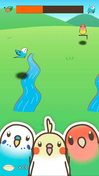 よちよちインコのゲーム画面「川はクリックして飛び越えよう」