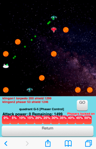 retro STARTREKのゲーム画面「クリンゴン艦攻撃」