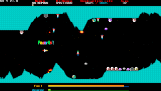 ヨコシュー198xのゲーム画面「弾を撃たない事で武器ゲージが上がる」