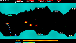 ヨコシュー198xのゲーム画面「武器ゲージが一杯になれば武器がLvアップ」