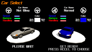 ElectricVehicleRacerのゲーム画面「車は性能の異なる2種類、カラー変更も可能！」