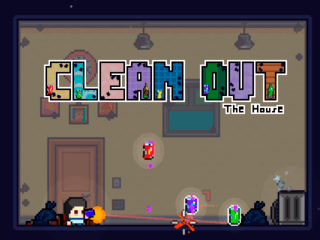 Clean Out The Houseのゲーム画面「空き缶を撃ってゴミ箱に入れます」